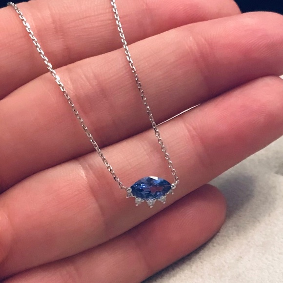 Solid 10K White Gold Tanzanite & Diamond Eye Necklace - Picture 5 of 10
